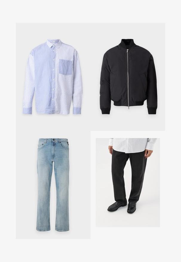 Veste bomber noire avec col haut, fermeture éclair sur le devant, deux poches latérales, poignets et ourlet côtelés. Tissu lisse à finition mate.; Chemise bleu et blanc à manches longues boutonnée avec rayures verticales, directions des rayures contrastées de chaque côté et une poche poitrine devant.; Jean en denim bleu clair à coupe décontractée, mettant en avant des détails légèrement usés et un design classique à cinq poches.; Pantalons en denim noir associés à des mocassins noirs brillants. La chemise est blanche avec de fines rayures verticales, avec des manches longues et un col boutonné.