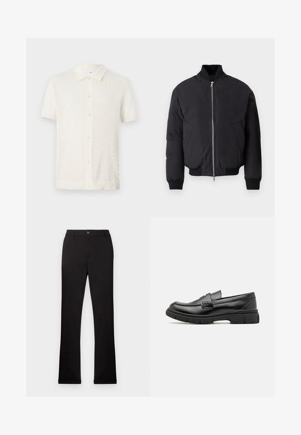 Sort bomberjakke med høj krave, lynlås fortil, to sidelommer, ribstrikkede manchetter og kant. Glat, mat finish på stoffet.; Kortærmet, kremfarvet strikket polo shirt med et tekstureret, mønstrede design, knaplukning og en klassisk krave.; Sorte bomuldsbukser med lige ben, en knap- og lynlåslukning samt sidelommer. Glat tekstur, ingen synlige mønstre eller accenter.; Sort læder loafersko med en bred rem over forfoden, gummisål med tykke mønstre og glat overflade. Klassisk, slankt design.