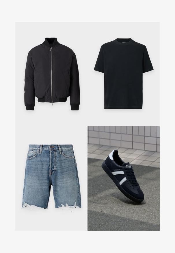 Sort bomberjakke med høj krave, lynlås fortil, to sidelommer, ribstrikkede manchetter og kant. Glat, mat finish på stoffet.; Sort t-shirt med korte ærmer og rund hals, lavet af blød bomuld. Simpelt design uden mønstre eller pynt.; Lys blå denimshorts med en slidt kant, fem-lomme design og synlig syning. Har en knaplukning i taljen.; Sort lædersneaker med hvide striber, tekstureret gummisål og snørrebånd foran. Har et brandet mærke på tungen.