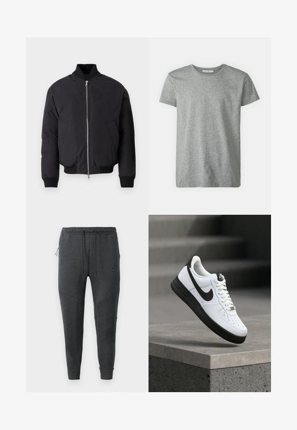 Sort bomberjakke med høj krave, lynlås fortil, to sidelommer, ribstrikkede manchetter og kant. Glat, mat finish på stoffet.; Grå kortærmet t-shirt lavet af blød bomuldsblanding. Har en rund halsudskæring og en enkel, glat tekstur uden mønstre eller accentuer.; Mørkegrå Nike joggerbukser med snøre i taljen, lynlåslomme på siden, afsmalnede ben og ribbede manchetter på en hvid baggrund.; Hvid lædersneaker med sorte detaljer, rundet tå og perforerede detaljer. Sort gummisål med tekstureret mønster og snørelukning.