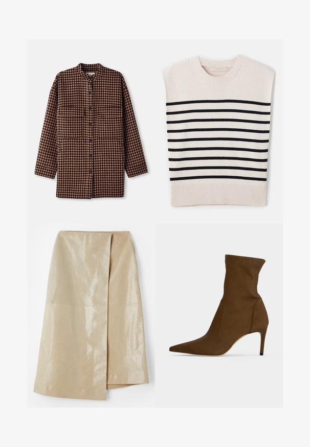 Veste chemise à motif pied-de-poule brun et noir avec un col mandarin, fermeture à boutons sur le devant et deux poches poitrine.; Vanessa Bruno CASSANDRA - Pullover - ecru/marine; Jupe en simili cuir beige avec un motif serpent texturé et brillant ; dotée d'un design enroulé et d'une fente sur le côté pour plus de détails.; Bottine marron à bout pointu avec un talon moyen-haut fin et une tige en tissu lisse.