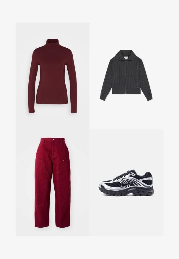 Sort lynlåstrøje med hvide nålestriber, ribstrikkede manchetter og kant, forlommer samt lille logo på brystet og den nederste lomme.; Pieces PCSIRENE ROLLNECK - Langærmet T-shirt - tawny port; Bordeaux brede buks lavet af bomuld, med to store sidelommer, en knaplukning og en afslappet pasform med synlige syninger.; Sort og sølv Nike løbesko med mesh-overdel, luftpolstret sål og snørebånd, vist fra siden på en hvid baggrund.