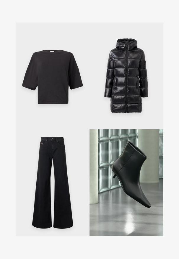 Manteau en duvet noir avec capuche, présentant une finition brillante, des sections à coutures horizontales, une fermeture éclair à l'avant et deux poches latérales.; T-shirt noir raccourci en coton, avec un col rond et des manches courtes au fit décontracté. Texture lisse, sans motifs ni accents.; Jean noir à jambes larges en denim, avec une taille haute, une fermeture à boutons, des poches avant et des détails de couture minimalistes.; Bottine en cuir noir à bout pointu et petit talon kitten, présentée en angle devant un sol poli et un mur en blocs de verre.
