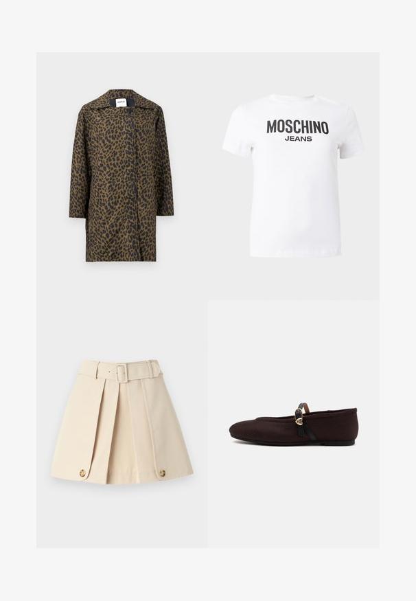Lang jakke med leopardmønster i brunt og sort, med krave og en synlig knap ved halsen, mærket "ASPESI" indvendig.; Hvid t-shirt med korte ærmer og sort tekst "MOSCHINO JEANS" trykt hen over brystet, vist på en ensfarvet baggrund.; Beige plisseret nederdel med tætsiddende talje, brede bæltestropper og knapdetaljer i kanten. Fremstillet af glat, let materiale.; Mørkebrunt tekstureret flad sko med sort rem og gyldent hjerteformet spænde, sideudsigt på en lys grå baggrund.