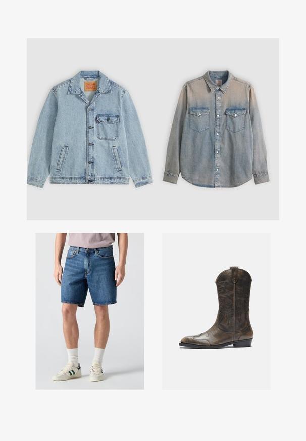 Lyseblå denimjakke med knaplukning foran, spids krave, en brystlomme med klap og to sidelommer. Synligt Levi's mærke inde i kraven.; Lyseblå, falmet denimskjorte med lange ærmer, krave, knaplukning foran og to brystlommer med knapklap.; Mand iført blå denimshorts i midterlængde, hvide sokker og hvide sneakers med mørkegrønne striber på en lys baggrund.; Brune læder cowboystøvle med en høj skaft, spids tå, intrikate syning mønstre og en lille hæl. Struktureret finish hele vejen igennem.