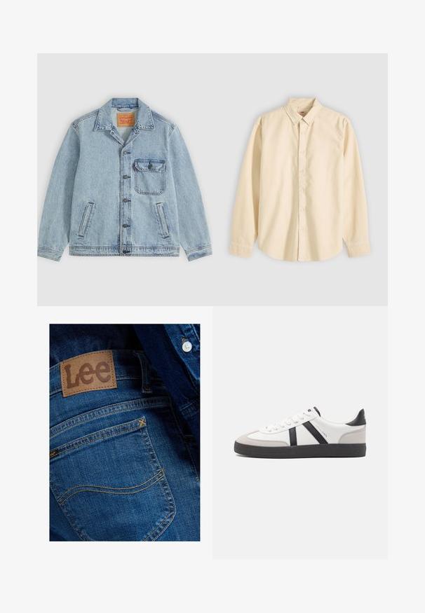 Lyseblå denimjakke med knaplukning foran, spids krave, en brystlomme med klap og to sidelommer. Synligt Levi's mærke inde i kraven.; Langærmet beige skjorte med knapper og krave, lagt fladt med knapperne lukket og manchetterne knappede på en lys baggrund.; Nærbillede af baglomme på blå denimjeans med brunt lædermærke fra Lee og synlige syningsdetaljer.; Hvide sneakers med sorte og grå detaljer, med en tekstureret grå tåhætte, sort gummisål og flade hvide snørebånd. Rent design, minimalistisk stil.