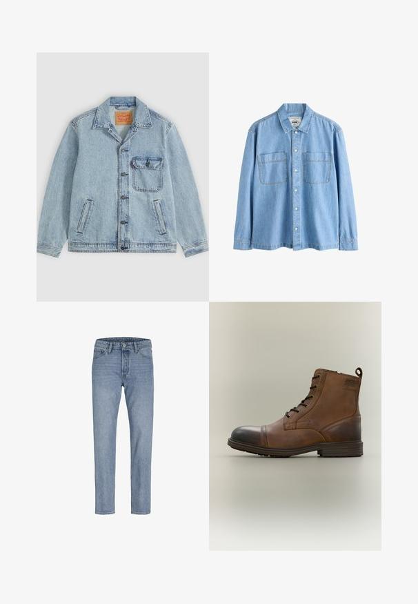 Lichtblauw spijkerjack met knopen aan de voorkant, puntige kraag, één borstzak met klep en twee zijzakken. Zichtbaar Levi's-label aan de binnenkant van de kraag.; Lichtblauw denim overhemd met lange mouwen, knoopsluiting aan de voorkant en twee borstzakken, weergegeven op een witte achtergrond.; Lichtblauwe spijkerbroeken met een recht gesneden pijp, vijf zakken, gestikte naden en een knoopsluiting bij de taille.; Bruine leren enkellaars met veters, zwarte neuskap, ronde zool en merkdetail aan de zijkant tegen een effen achtergrond.