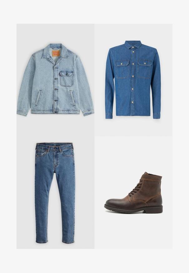 Lyseblå denimjakke med knaplukning foran, spids krave, en brystlomme med klap og to sidelommer. Synligt Levi's mærke inde i kraven.; Denim skjorte i mørkeblå, langærmet med knapmanchetter, spids krave, to brystlommer og frontknaplukning med guldfarvet hardware.; Blå denim jeans med lige skæring, fem lommer, orange syninger og en klassisk knap- og lynlåslukning. Slidt tekstur langs benene.; Jack & Jones JFWDELANEY BOOT - Snørestøvletter - cognac