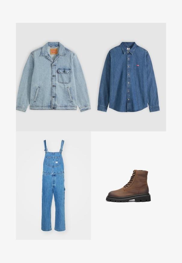 Lichtblauw spijkerjack met knopen aan de voorkant, puntige kraag, één borstzak met klep en twee zijzakken. Zichtbaar Levi's-label aan de binnenkant van de kraag.; Blauw denim bloes met lange mouwen, kraag en beige knopen, met een klein rood Levi's-logo op de linkerborst.; Denim salopette met verstelbare schouderbanden, wijde pijpen en een voorzak met een label. Lichtblauwe kleur met een gestructureerde afwerking.; Bruine leren enkelboot met een ronde neus, vetersluiting aan de voorkant, metalen veterogen en een dikke zwarte rubberen zool met een antislippatroon.
