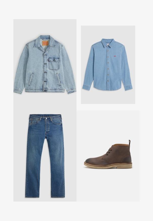 Lichtblauw spijkerjack met knopen aan de voorkant, puntige kraag, één borstzak met klep en twee zijzakken. Zichtbaar Levi's-label aan de binnenkant van de kraag.; Lichtblauwe denim shirt met lange mouwen, knoopsluiting aan de voorkant en een puntige kraag. Bevat bruine knopen en een kleine rode logopatch.; Blauwe rechte denim jeans met vijf zakken, riemlussen en een sluiting met een knoop en ritssluiting aan de voorkant, op een effen achtergrond.; Kastanjebruine leren enkellaars met een ronde neus, vetersluiting en een crèmekleurige rubberen zool. Voorzien van een lus aan de hiel.