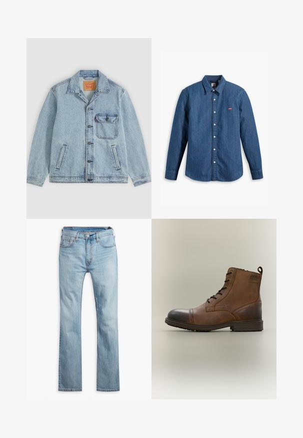 Hellblaue Denimjacke mit Knopfleiste vorne, spitzem Kragen, einer Brusttasche mit Klappe und zwei Seitentaschen. Sichtbares Levi’s-Label innen am Kragen.; Dunkelblaue Jeanshemd mit langen Ärmel, Kragen und Knopfverschluss. Mit einem kleinen roten Levi's-Logo auf der Brust. Glatte Textur.; Hellblaue Jeans aus Denim, mit geradem Bein, fünf Taschen, kontrastierenden Nähten und einem Knopfverschluss am Bund.; Brauner Leder-Schnürstiefel bis zum Knöchel mit schwarzer Zehenkappe, runder Sohle und Markenlabel an der Seite vor schlichtem Hintergrund.