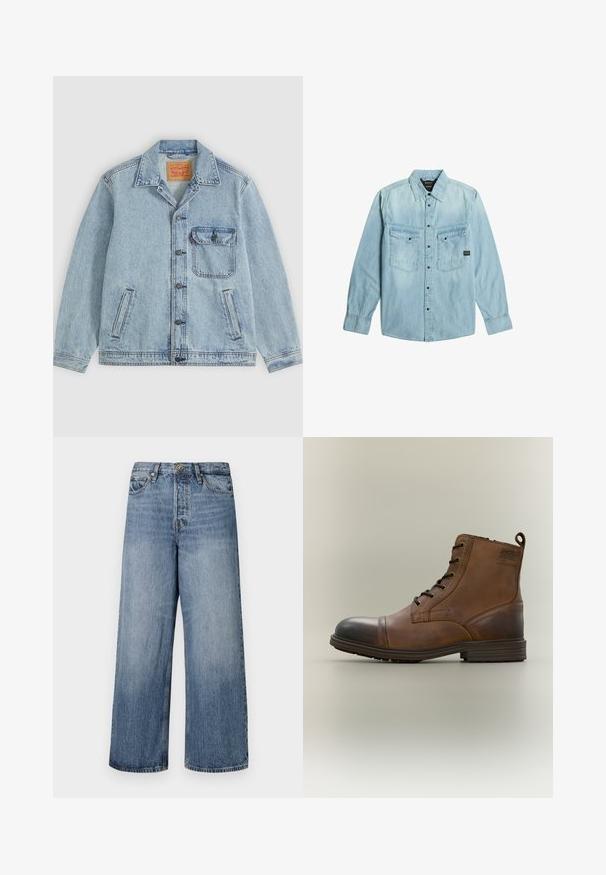 Hellblaue Denimjacke mit Knopfleiste vorne, spitzem Kragen, einer Brusttasche mit Klappe und zwei Seitentaschen. Sichtbares Levi’s-Label innen am Kragen.; Hellblaues Denim-Hemd mit langen Ärmeln, Knopfverschluss, zwei vorderen Pattentaschen mit Knöpfen und klassischem Kragen.; Weite blaue Denim-Jeans mit einer ausgewaschenen Optik, Fünf-Taschen-Design und einer Knopfverschluss. Ausgestattet mit Gürtelschlaufen und gestickten Details.; Brauner Leder-Schnürstiefel bis zum Knöchel mit schwarzer Zehenkappe, runder Sohle und Markenlabel an der Seite vor schlichtem Hintergrund.