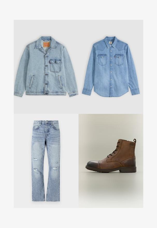 Veste en jean bleu clair avec fermeture à boutons devant, col pointu, une poche poitrine avec rabat et deux poches latérales. Étiquette Levi's visible à l'intérieur du col.; Chemise en denim bleu clair à manches longues, col pointu, deux poches poitrine avec rabats et boutons pression blancs à l'avant.; Jean en denim bleu clair avec une coupe droite, présentant des déchirures usées au niveau des genoux et un style classique à cinq poches.; Botte cheville en cuir marron à lacets avec bout noir, semelle ronde et détail de marque sur le côté sur fond uni.