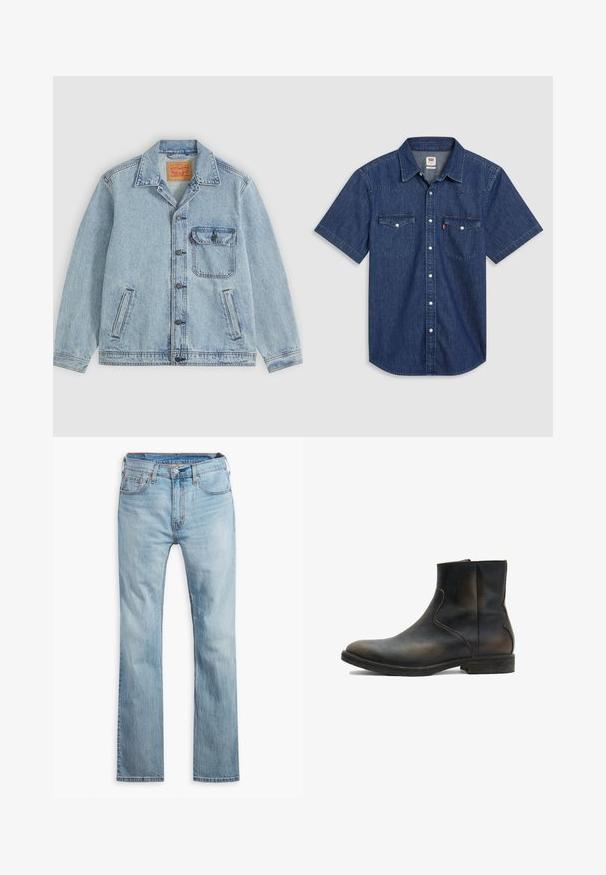 Lyseblå denimjakke med knaplukning foran, spids krave, en brystlomme med klap og to sidelommer. Synligt Levi's mærke inde i kraven.; Kortærmet denimskjorte i mørkeblå, med to brystlommer, knappelukning foran og en krave med forstærket syning.; Lyseblå denim jeans, lige pasform, med fem lommer, kontrastsyning og knaplukning i taljen.; AllSaints LANG - Støvletter - brown