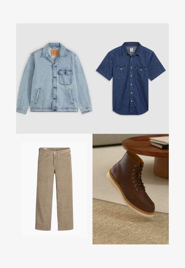 Lichtblauw spijkerjack met knopen aan de voorkant, puntige kraag, één borstzak met klep en twee zijzakken. Zichtbaar Levi's-label aan de binnenkant van de kraag.; Denimoverhemd met korte mouwen in donkerblauw, voorzien van twee borstzakken, een knoopsluiting aan de voorkant en een kraag met verstevigde stiksels.; Lichtbruine corduroy broek in een wijd model, met een knoop- en ritssluiting, vijf zakken en een zachte, ribbeltextuur.; Bruine leren enkelboot met beige zool op een gestructureerd beige vloerkleed naast een ronde houten tafel met opgestapelde boeken.