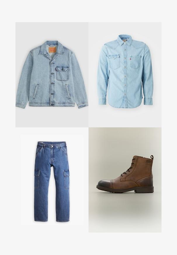 Cazadora vaquera azul claro con botones en la parte delantera, cuello puntiagudo, un bolsillo en el pecho con solapa y dos bolsillos laterales. Etiqueta Levi's visible en el interior del cuello.; Camisa de denim azul clara de manga larga con cuello puntiagudo, dos bolsillos en el pecho, botones de presión plateados y costuras en contraste. Textura suave.; Pantalones cargo de mezclilla azul con un diseño de pierna recta, dos bolsillos laterales y detalles de costura visibles. En general, estilo casual y funcional.; Bota de cuero marrón con cordones hasta el tobillo, puntera negra, suela redonda y detalle de marca en el lateral sobre un fondo liso.