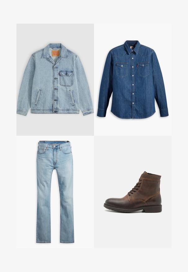 Veste en jean bleu clair avec fermeture à boutons devant, col pointu, une poche poitrine avec rabat et deux poches latérales. Étiquette Levi's visible à l'intérieur du col.; Chemise en denim bleu marine à manches longues, col pointu et boutons-pression. Dispose de deux poches poitrine avec rabats et couture contrastante.; Jean en denim bleu clair, design à jambe droite, avec cinq poches, surpiqûres contrastantes et fermeture à bouton à la taille.; Jack & Jones JFWDELANEY BOOT - Bottines à lacets - cognac