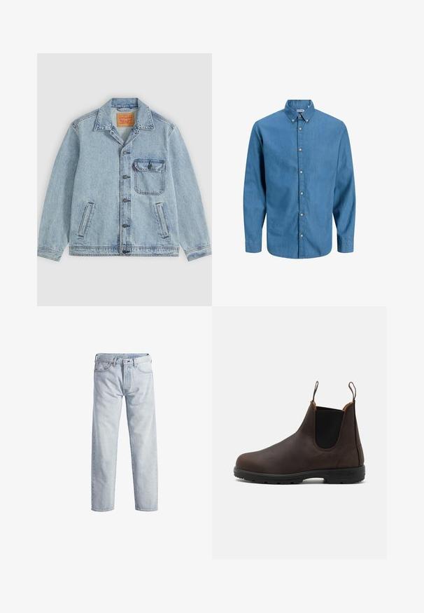 Lichtblauw spijkerjack met knopen aan de voorkant, puntige kraag, één borstzak met klep en twee zijzakken. Zichtbaar Levi's-label aan de binnenkant van de kraag.; Blauw overhemdbloes gemaakt van denim, met een kraag en lange mouwen. Effen textuur met zichtbare knopen aan de voorkant.; Lichtblauwe denim jeans met een rechtstaand ontwerp, knopenfly, vijf zakken en een subtiele vervaagde textuur. Voorzien van metalen hardware accenten.; Bruine leren enkelboot met elastische zijpanelen en lusjes, voorzien van een gestructureerde oppervlakte en een duurzame zwarte rubberen zool.