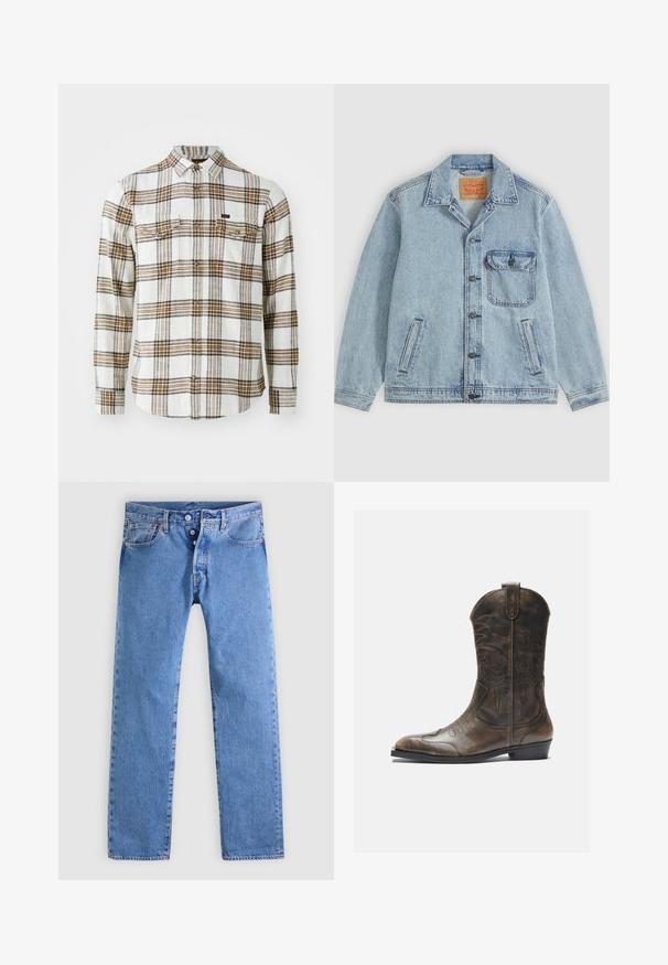 Hellblaue Denimjacke mit Knopfleiste vorne, spitzem Kragen, einer Brusttasche mit Klappe und zwei Seitentaschen. Sichtbares Levi’s-Label innen am Kragen.; Lee CLEAN WESTERN - Hemd - ecru ochre plaid; Hellblaue Jeans aus Denim mit geradem Bein, fünf Taschen und einem Zwei-Knopf-Verschluss. Sie zeichnen sich durch ein dezentes Verblassen und kontrastierende Nähte aus.; Braune Leder-Cowboystiefel mit hohem Schaft, spitzem Zehenbereich, aufwendigen Stickmustern und kleinem Absatz. Strukturierte Oberflächenbeschaffenheit.