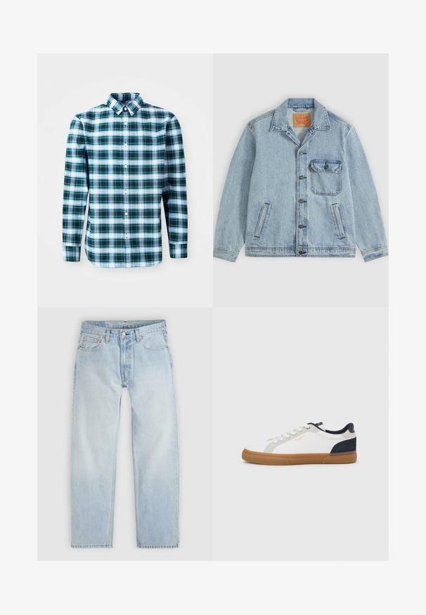 Veste en jean bleu clair avec fermeture à boutons devant, col pointu, une poche poitrine avec rabat et deux poches latérales. Étiquette Levi's visible à l'intérieur du col.; Chemise à manches longues à carreaux verts et blancs avec un col boutonné et des boutons à l'avant. Fabriquée en tissu léger, présentant un design structuré.; Jean en denim bleu clair avec une coupe décontractée, doté de cinq poches, d'une fermeture à bouton et de détails de couture orange subtils.; Baskets en toile blanche avec des accents en suède bleu marine et gris. Comprend une semelle en caoutchouc naturel, un embout arrondi et un design classique à lacets.