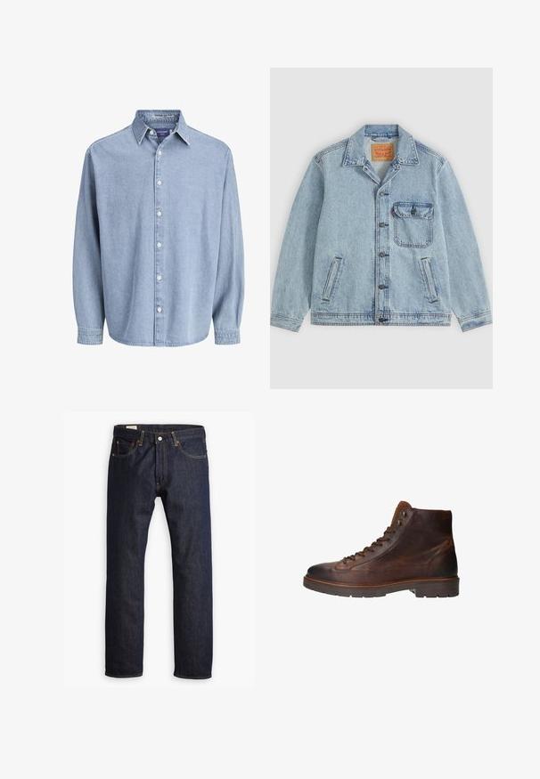Lichtblauw spijkerjack met knopen aan de voorkant, puntige kraag, één borstzak met klep en twee zijzakken. Zichtbaar Levi's-label aan de binnenkant van de kraag.; Lichtblauwe denim lange mouw knoophemd met kraag en witte knopen, weergegeven tegen een effen witte achtergrond.; Donkerblauwe denim jeans met een rechte pijp, oranje stiksels en stijl met vijf zakken, voorzien van een metalen knoopsluiting.; Bruine leren hoge laarzen hebben een smoothe textuur, een ronde neus, een vetersluiting en metalen oogjes, met een contrasterende bruine rubberen zool.