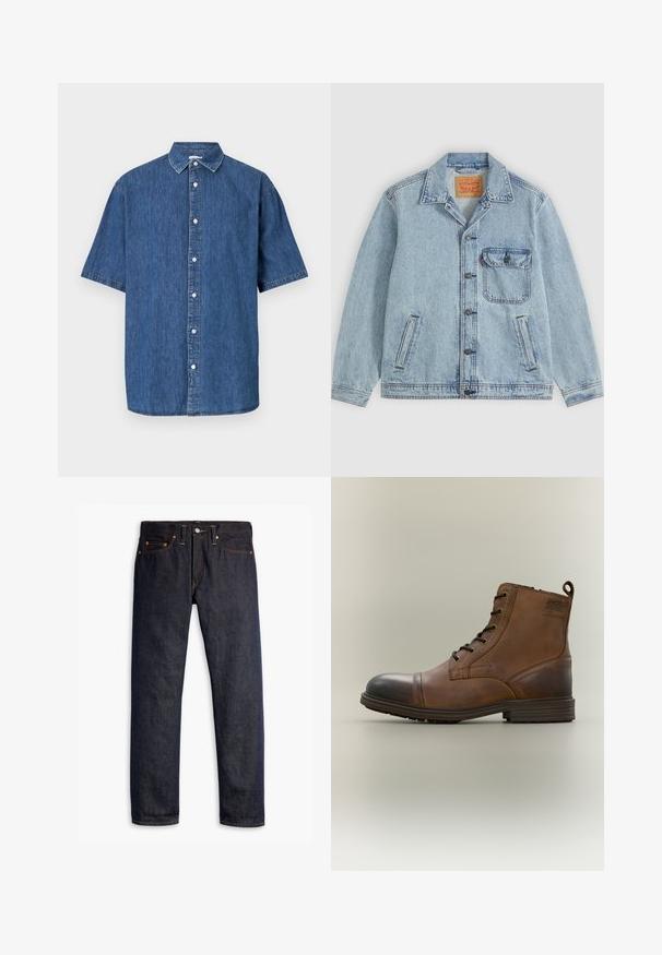 Lichtblauw spijkerjack met knopen aan de voorkant, puntige kraag, één borstzak met klep en twee zijzakken. Zichtbaar Levi's-label aan de binnenkant van de kraag.; Donkerblauwe spijkerbloes met korte mouwen. Beschikt over een knoopsluiting aan de voorkant, een klassieke kraag en gestikte details langs de randen.; Donkerblauwe spijkerbroek met een rechte pasvorm, vijf zakken, koperen klinknagels, gele stiksels en een duidelijke textuur in de stof.; Bruine leren enkellaars met veters, zwarte neuskap, ronde zool en merkdetail aan de zijkant tegen een effen achtergrond.