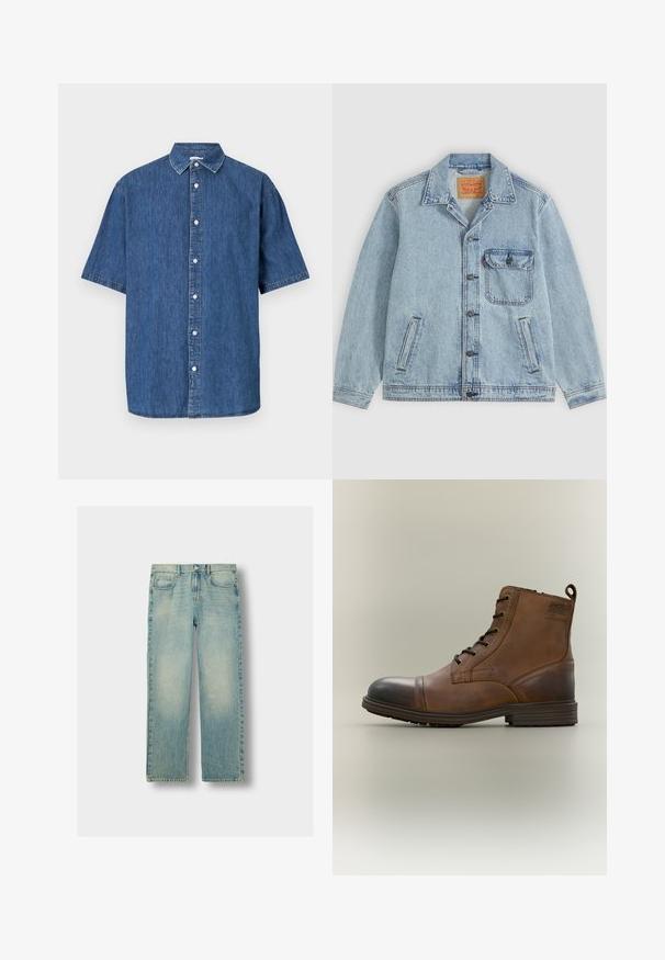 Hellblaue Denimjacke mit Knopfleiste vorne, spitzem Kragen, einer Brusttasche mit Klappe und zwei Seitentaschen. Sichtbares Levi’s-Label innen am Kragen.; Kurzärmliges Denim-Shirt in Dunkelblau. Verfügt über eine durchgehende Knopfleiste, klassischen Kragen und gestichelte Details entlang der Kanten.; Hellblaue Denim-Jeans mit geradem Bein, mit ausgeblichenen Bereichen, fünf Taschen und sichtbaren Nähten. Klassischer Metallknopfverschluss.; Brauner Leder-Schnürstiefel bis zum Knöchel mit schwarzer Zehenkappe, runder Sohle und Markenlabel an der Seite vor schlichtem Hintergrund.