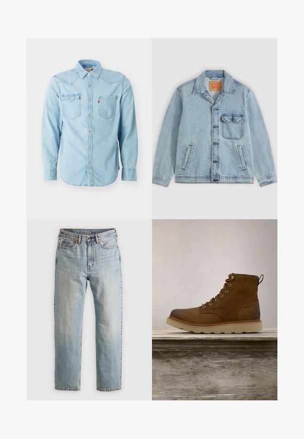 Lyseblå denimjakke med knaplukning foran, spids krave, en brystlomme med klap og to sidelommer. Synligt Levi's mærke inde i kraven.; Lys blå denim skjorte med lange ærmer, spids krave, to brystlommer, sølvnapsknapper og kontrastsyninger. Glat tekstur.; Lysblå denim jeans med høj talje, frontknap, lynlås og fem-lomme design, lagt fladt på en neutral baggrund.; Brune vandtætte ankelstøvler lavet af tekstureret læder, med gyldne øjer, en rund tå og en let, tekstureret gummisål.