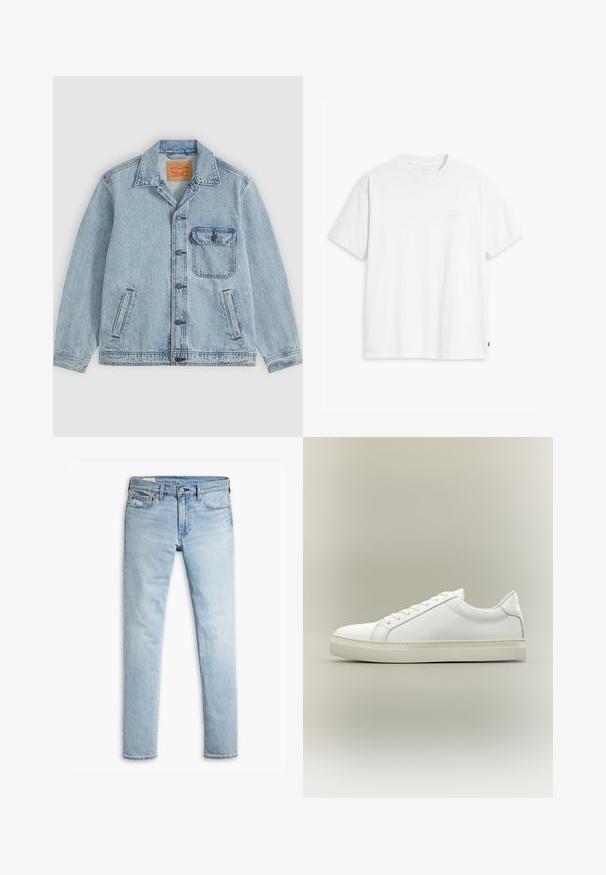 Hellblaue Denimjacke mit Knopfleiste vorne, spitzem Kragen, einer Brusttasche mit Klappe und zwei Seitentaschen. Sichtbares Levi’s-Label innen am Kragen.; Weißes Baumwoll-T-Shirt mit kurzen Ärmeln, rundem Ausschnitt und einem dezenten "Levi's"-Logo in heller Farbe auf der Vorderseite.; Helle blaue, schmal geschnittene Jeans aus Denim mit Knopf- und Reißverschluss, Fronttaschen und Gürtelschlaufen auf weißem Hintergrund.; Weißer Sneaker mit niedrigem Schaft, vorn mit Schnürung und dicker Sohle, aus der Seitenansicht vor neutralem Hintergrund.