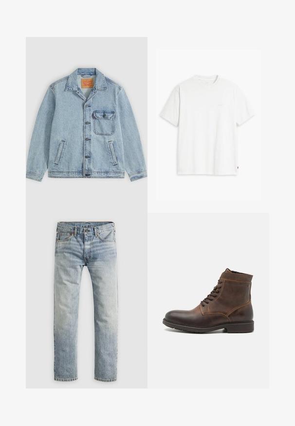 Lichtblauw spijkerjack met knopen aan de voorkant, puntige kraag, één borstzak met klep en twee zijzakken. Zichtbaar Levi's-label aan de binnenkant van de kraag.; Wit katoenen T-shirt met korte mouwen, ronde hals en een subtiel "Levi's" logo in een lichte kleur op de voorkant gedrukt.; Lichtblauwe denim jeans met rechte pijpen, met knoopsluiting, voorzakken en riemlussen, plat weergegeven op witte achtergrond.; Jack & Jones JFWDELANEY BOOT - Veterboots - cognac