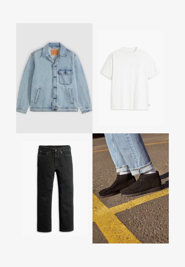 Hellblaue Denimjacke mit Knopfleiste vorne, spitzem Kragen, einer Brusttasche mit Klappe und zwei Seitentaschen. Sichtbares Levi’s-Label innen am Kragen.; Weißes Baumwoll-T-Shirt mit kurzen Ärmeln, rundem Ausschnitt und einem dezenten "Levi's"-Logo in heller Farbe auf der Vorderseite.; Schwarze Jeans im geraden Schnitt mit fünf Taschen, Gürtelschlaufen und einem Knopfverschluss an der Taille, flach auf einem weißen Hintergrund ausgelegt.; Schwarze Wildleder-Ankle-Boots mit glatter Textur, abgerundetem Zeh und genähten Details. Kombiniert mit hellblauen, hochgekrempelten Jeans und weißen Socken.
