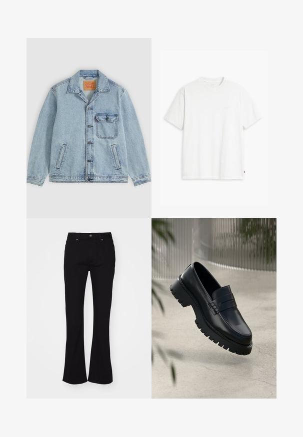 Lyseblå denimjakke med knaplukning foran, spids krave, en brystlomme med klap og to sidelommer. Synligt Levi's mærke inde i kraven.; Hvid t-shirt i bomuld med korte ærmer, rund halsudskæring og en diskret "Levi's"-logo trykt i lyse farver på forsiden.; Sorte højtaljede flared jeans med frontknap og fem-lomme-design, præsenteret på en hvid baggrund.; Sorte læder loafers med en chunky sål, der har en dekorativ rem og syninger. Glat tekstur med en poleret overflade.