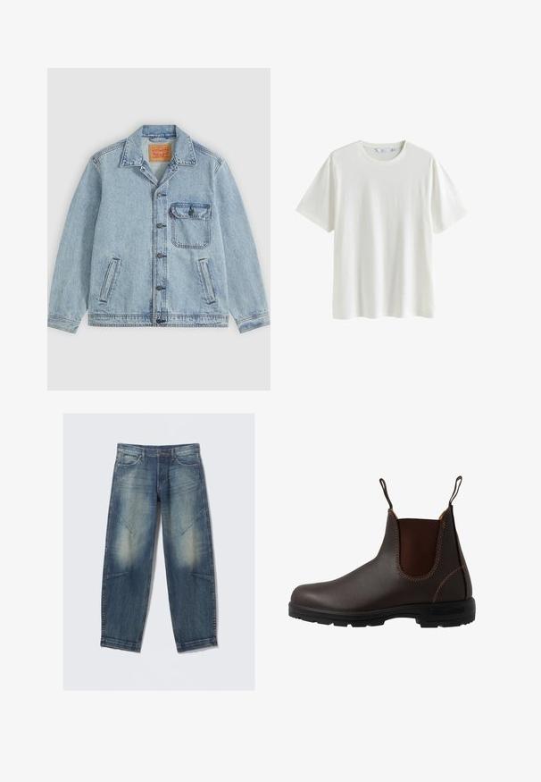 Hellblaue Denimjacke mit Knopfleiste vorne, spitzem Kragen, einer Brusttasche mit Klappe und zwei Seitentaschen. Sichtbares Levi’s-Label innen am Kragen.; Schlichtes weißes T-Shirt mit kurzen Ärmeln und Rundhalsausschnitt, auf weißem Hintergrund dargestellt, Größe Medium, mit sichtbaren Kleidungsetiketten im Kragen.; Hellblaue Jeans aus Denim mit lockerem Schnitt, verwaschenen Stellen, Fronttaschen und diagonalen Nahtakzenten. Gerader Beinverlauf.; Brauner Chelsea-Stiefel aus Leder mit elastischem Seiteneinsatz, brauner Naht, Zuglaschen und einer strapazierfähigen Gummisohle mit strukturiertem Muster.
