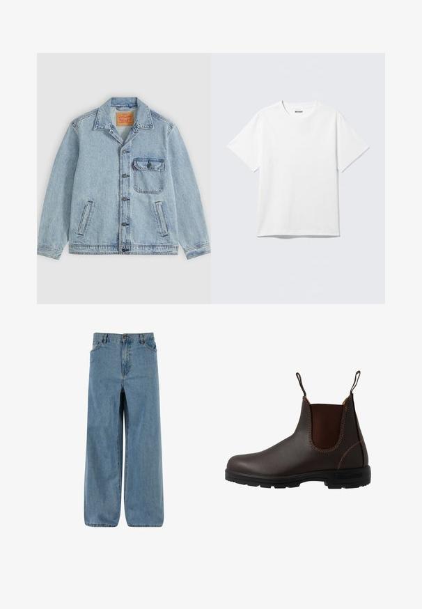 Cazadora vaquera azul claro con botones en la parte delantera, cuello puntiagudo, un bolsillo en el pecho con solapa y dos bolsillos laterales. Etiqueta Levi's visible en el interior del cuello.; Camiseta blanca de manga corta con cuello redondo, colocada plana, diseño liso, con etiqueta "WEEKDAY" en el interior del cuello sobre un fondo claro.; Pantalones de mezclilla de pierna ancha en azul claro. Presentan un cierre de botón y cremallera, cinco bolsillos y una textura deslavada para un aspecto clásico.; Bota Chelsea de cuero marrón con panel elástico lateral, costuras marrones, tiradores y suela de goma resistente con un patrón texturizado.