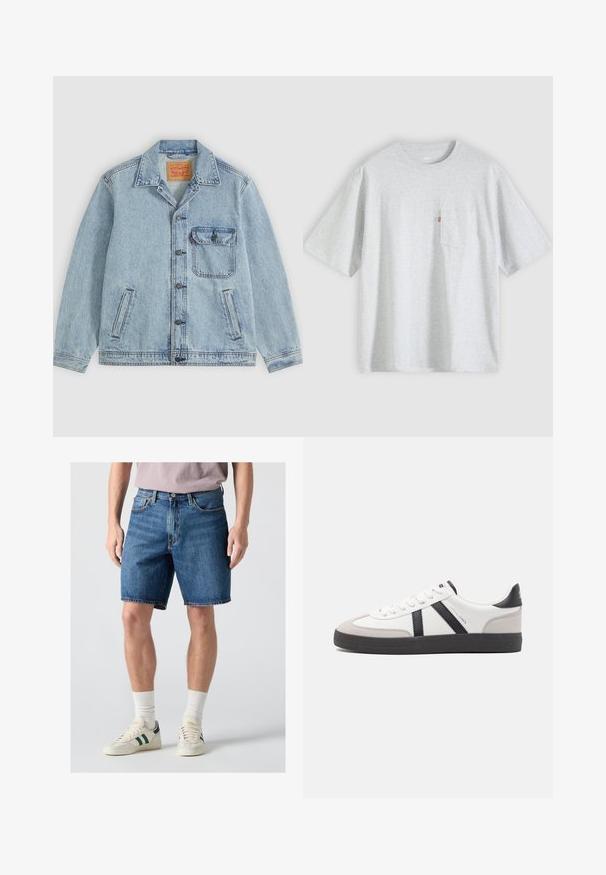 Lyseblå denimjakke med knaplukning foran, spids krave, en brystlomme med klap og to sidelommer. Synligt Levi's mærke inde i kraven.; Lysegrå T-shirt med korte ærmer, rund hals og en lille brystlomme på venstre side med en rød label.; Mand iført blå denimshorts i midterlængde, hvide sokker og hvide sneakers med mørkegrønne striber på en lys baggrund.; Hvide sneakers med sorte og grå detaljer, med en tekstureret grå tåhætte, sort gummisål og flade hvide snørebånd. Rent design, minimalistisk stil.