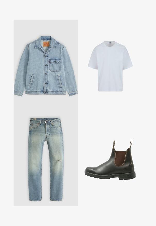Veste en jean bleu clair avec fermeture à boutons devant, col pointu, une poche poitrine avec rabat et deux poches latérales. Étiquette Levi's visible à l'intérieur du col.; T-shirt en coton blanc avec un col rond, des manches courtes et une coupe droite. Présente des détails de couture subtils sur les épaules.; Jean en denim bleu clair avec une coupe droite, cinq poches, fermeture à boutons et petites déchirures sur la cuisse gauche et le genou droit.; Bottines Chelsea en cuir noir lisse avec des panneaux élastiques marron sur les côtés, des coutures contrastantes et une semelle en caoutchouc texturée.