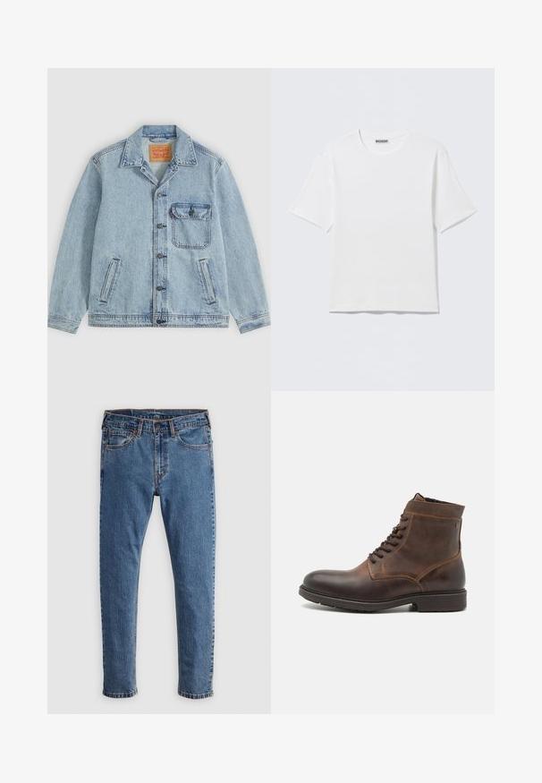 Lyseblå denimjakke med knaplukning foran, spids krave, en brystlomme med klap og to sidelommer. Synligt Levi's mærke inde i kraven.; Hvid, kortærmet t-shirt med rund hals og et lille "WEEKDAY"-mærke på indersiden af bagkraven, vist på en flad overflade.; Blå denim jeans med lige skæring, fem lommer, orange syninger og en klassisk knap- og lynlåslukning. Slidt tekstur langs benene.; Jack & Jones JFWDELANEY BOOT - Snørestøvletter - cognac