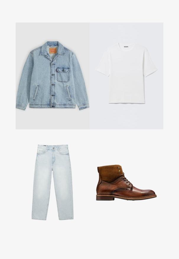 Veste en jean bleu clair avec fermeture à boutons devant, col pointu, une poche poitrine avec rabat et deux poches latérales. Étiquette Levi's visible à l'intérieur du col.; T-shirt blanc uni à manches courtes et col rond, avec une petite étiquette "WEEKDAY" à l'intérieur du col arrière, présenté à plat.; Jean bleu clair taille haute à jambes droites avec bouton et fermeture éclair à l'avant, passants pour ceinture, et design à cinq poches sur fond blanc.; Kazar ALID - Bottines à lacets - brown