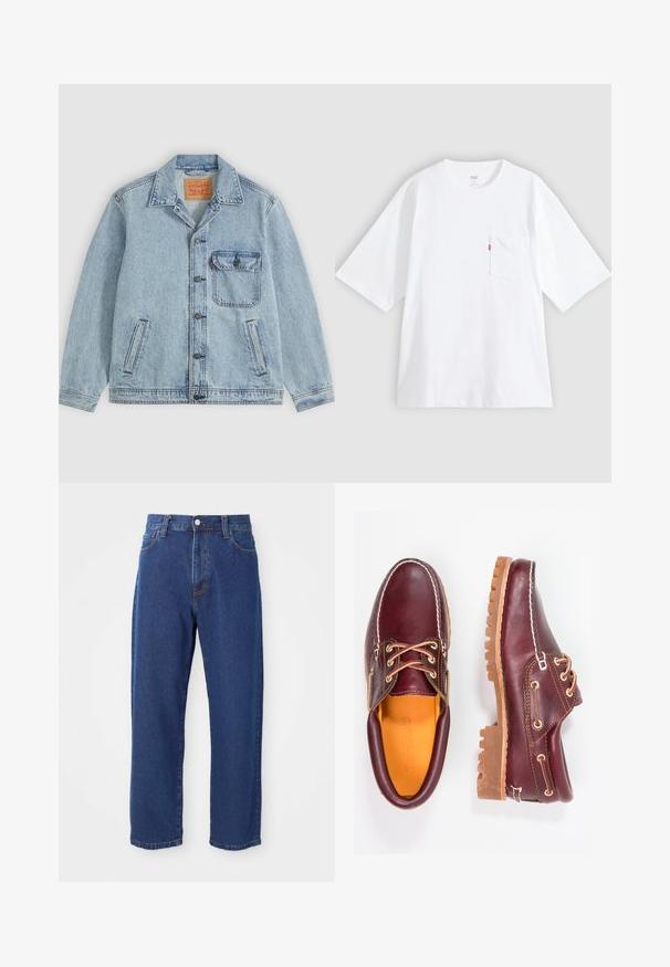 Lyseblå denimjakke med knaplukning foran, spids krave, en brystlomme med klap og to sidelommer. Synligt Levi's mærke inde i kraven.; Hvid bomulds-T-shirt med korte ærmer, rund hals og lomme på venstre bryst. Har en lille rød logoetiket på lommen.; Høj taljede blå jeans i denim, med lige ben silhuet, synlige stikninger og en frontknaplukning.; Bordeaux lædersko med brune gummisåler, rund tå, hvid syning og gyldne snøringer. Indersiden har et gult for.