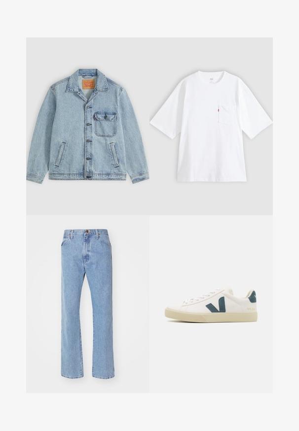 Hellblaue Denimjacke mit Knopfleiste vorne, spitzem Kragen, einer Brusttasche mit Klappe und zwei Seitentaschen. Sichtbares Levi’s-Label innen am Kragen.; Weißes Baumwoll-T-Shirt mit kurzen Ärmeln, rundem Ausschnitt und Brusttasche auf der linken Seite. Mit kleinem rotem Logotag an der Tasche.; Hellblaue Jeans mit geradem Bein, Frontknopf- und Reißverschluss, Gürtelschlaufen und normalen Vordertaschen.; Weißes Ledersneaker mit einem Logo aus türkisem Wildleder, runder Zehenpartie, Schnürdesign und Gummisohle mit strukturierten Details. Markenname "VEJA" in Gold.