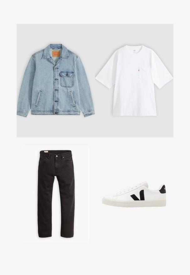 Hellblaue Denimjacke mit Knopfleiste vorne, spitzem Kragen, einer Brusttasche mit Klappe und zwei Seitentaschen. Sichtbares Levi’s-Label innen am Kragen.; Weißes Baumwoll-T-Shirt mit kurzen Ärmeln, rundem Ausschnitt und Brusttasche auf der linken Seite. Mit kleinem rotem Logotag an der Tasche.; Schwarze Denim-Jeans mit geradem Bein, ausgestattet mit einem klassischen Fünf-Taschen-Design, subtilen Nähten und einem Metallknopfverschluss.; Weiße Leder-Sneaker mit schwarzen Wildlederelementen; verfügen über eine Gummisohle, eine runde Spitze und ein klassisches Schnürdesign. Seitliches Logo in Schwarz.