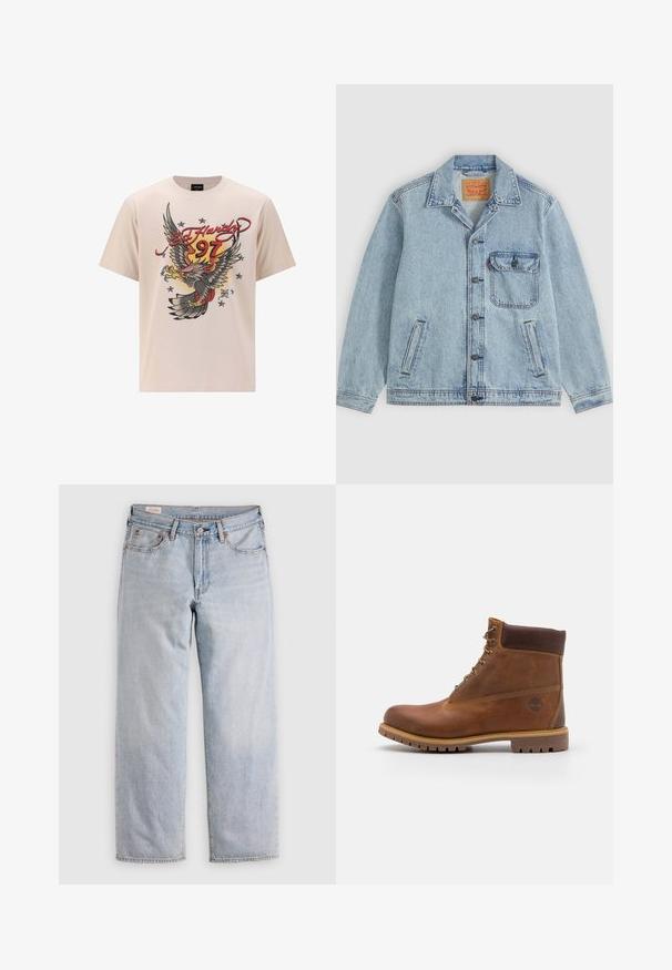Cazadora vaquera azul claro con botones en la parte delantera, cuello puntiagudo, un bolsillo en el pecho con solapa y dos bolsillos laterales. Etiqueta Levi's visible en el interior del cuello.; Camiseta de algodón beige con un gran gráfico de un águila con acentos rojos y amarillos, texto "Ed Hardy" y estrellas en un diseño de impresión texturizado.; Jeans rectos azul claro con cintura alta, cierre de botón y bolsillos delanteros y traseros, exhibidos sobre una superficie plana.; Botas de senderismo de cuero marrón con un acabado suave, tobillo acolchado, ojales de metal y suela de goma con un patrón de tracción robusto.