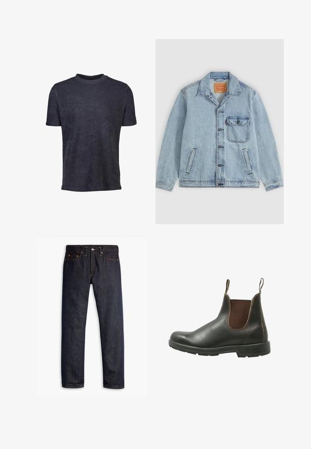 Hellblaue Denimjacke mit Knopfleiste vorne, spitzem Kragen, einer Brusttasche mit Klappe und zwei Seitentaschen. Sichtbares Levi’s-Label innen am Kragen.; Dunkelblaues T-Shirt mit kurzen Ärmeln aus weichem Stoff. Mit Rundhalsausschnitt und glatter Textur, mit minimaler Ausstattung.; Dunkelblaue Jeans aus Denim mit geradem Schnitt, fünf Taschen-Design, kupfernen Nieten, gelben Nähten und einem ausgeprägten strukturierten Stoff.; Chelsea-Boots aus glattem schwarzem Leder mit braunen elastischen Seitenteilen, kontrastierenden Nähten und einer strukturierten Gummisohle.