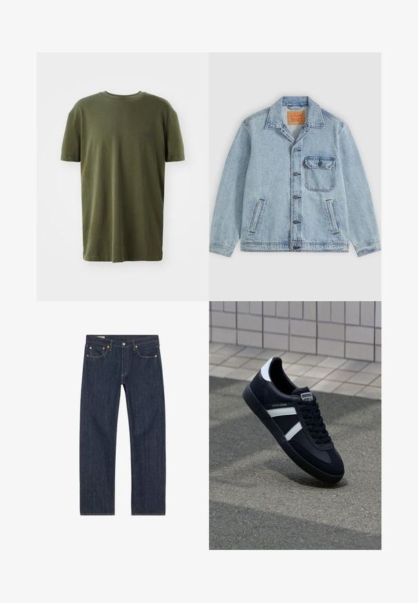 Hellblaue Denimjacke mit Knopfleiste vorne, spitzem Kragen, einer Brusttasche mit Klappe und zwei Seitentaschen. Sichtbares Levi’s-Label innen am Kragen.; Olivegrünes T-Shirt aus Baumwolle mit kurzen Ärmeln, Rundhalsausschnitt und einem kleinen, dunkelblauen Logo auf der linken Brust.; Dunkelblaue Jeans aus Denim mit geradem Schnitt, versehen mit Kupferrivets, gelben Nähten und frontalen Taschen. Glatte Textur mit minimalen Designdetails.; Schwarze Leder-Sneaker mit weißen Streifen, strukturiertem Gummisohle und Schnürung. Verfügt über ein Markenetikett auf der Zunge.