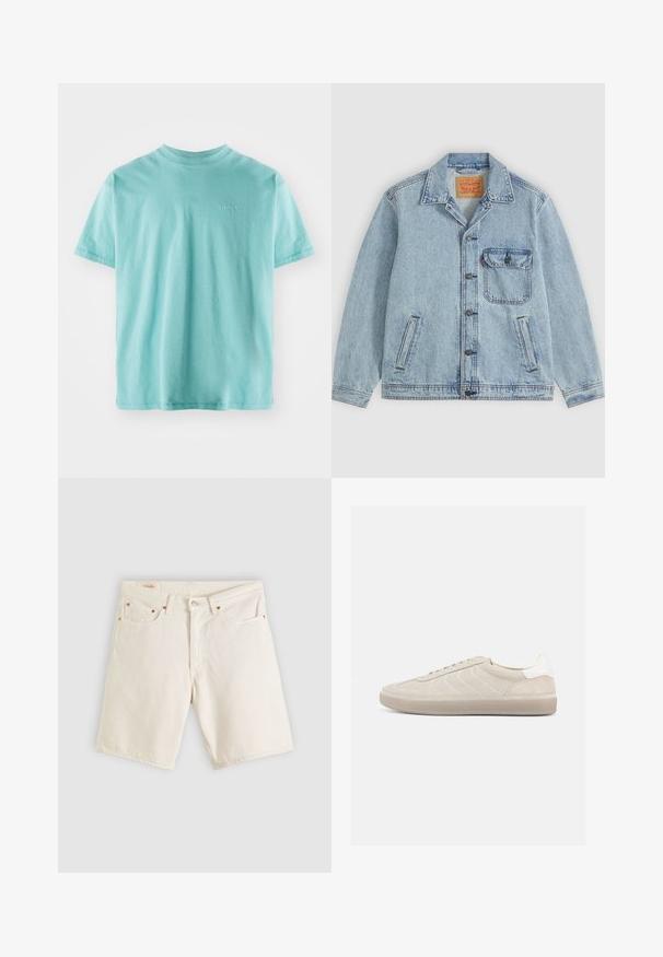 Lichtblauw spijkerjack met knopen aan de voorkant, puntige kraag, één borstzak met klep en twee zijzakken. Zichtbaar Levi's-label aan de binnenkant van de kraag.; Turquoise katoenen T-shirt met korte mouwen, ronde hals en een klein wit "Levi's" logo op de borst. Zachte textuur en een ontspannen pasvorm.; Witte denim shorts met knoop en rits aan de voorkant, vijf zakken en koperen klinknageldetails, plat gelegd op een lichte achtergrond.; Beige suède sneaker met een gestructureerd bovenwerk, een gladde witte hielkap, dunne veters en een rubberen buitenzool. Heeft een slank, laag profiel.