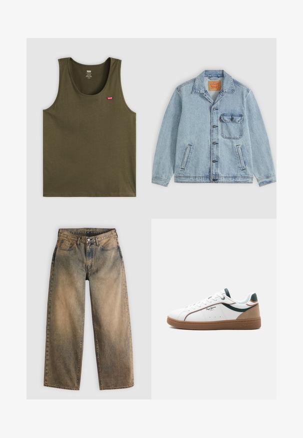 Lichtblauw spijkerjack met knopen aan de voorkant, puntige kraag, één borstzak met klep en twee zijzakken. Zichtbaar Levi's-label aan de binnenkant van de kraag.; Olivengroene tanktop van zachte stof, met een ronde hals en een klein rood logo aan de bovenkant aan de linkerzijde. Eenvoudig ontwerp, zonder patronen of accenten.; Wijde spijkerbroek in een vervaagde bruine kleur met een lichte wassing. Voorzien van traditioneel ontwerp met vijf zakken en zichtbare stiksel-details.; Witte lage sneaker met een bruine zool, groene en beige accenten, witte veters en het "Pepe Jeans London"-logo aan de zijkant.