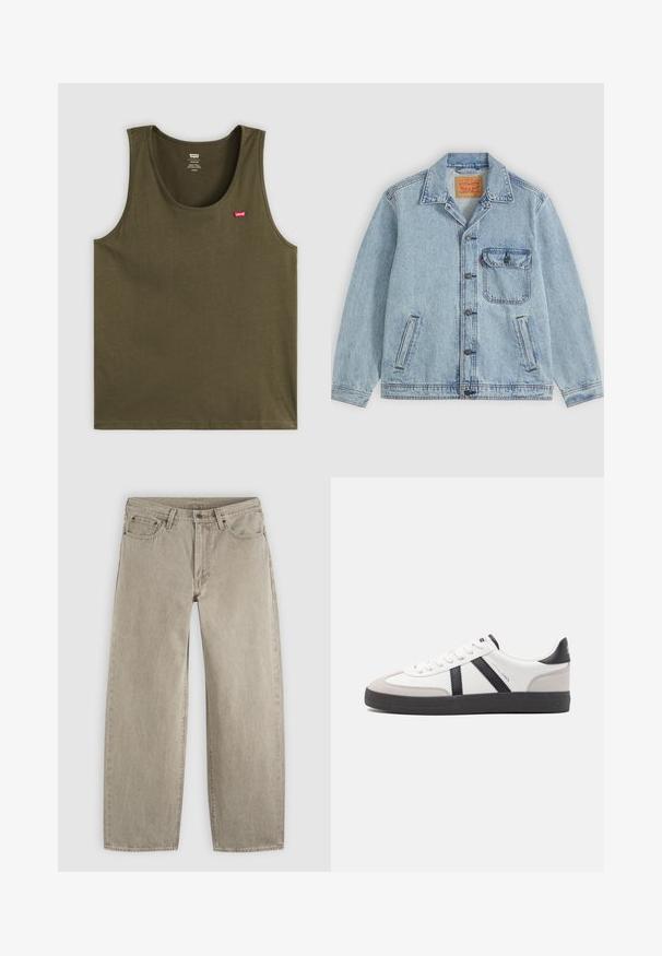 Cazadora vaquera azul claro con botones en la parte delantera, cuello puntiagudo, un bolsillo en el pecho con solapa y dos bolsillos laterales. Etiqueta Levi's visible en el interior del cuello.; Camiseta sin mangas verde oliva hecha de tela suave, con cuello redondo y un pequeño logo rojo en la parte superior izquierda. Diseño simple, sin patrones ni acentos.; Vaqueros beige de pierna recta con bolsillos delanteros, trabillas para cinturón, cierre de botón y costuras visibles sobre un fondo claro y liso.; Zapatilla blanca con acentos en negro y gris, que presenta una puntera texturizada en gris, suela de goma negra y cordones planos blancos. Diseño limpio, estilo minimalista.