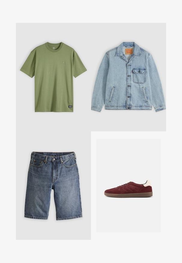 Lichtblauw spijkerjack met knopen aan de voorkant, puntige kraag, één borstzak met klep en twee zijzakken. Zichtbaar Levi's-label aan de binnenkant van de kraag.; Olijfgroene katoenen T-shirt met een ronde hals en korte mouwen. Bevat een klein, subtiel logo-opdracht op de borst en een geweven merklabel aan de zoom.; Blauwe denim short met voorzakken, riemlussen en een knoopsluiting, plat neergelegd op een lichte achtergrond.; Bordeauxrode suède sneaker met veterband aan de voorkant, gestructureerde zijdetails en een lichtgekleurde hielaccent. Rubberzool met een gladde afwerking.