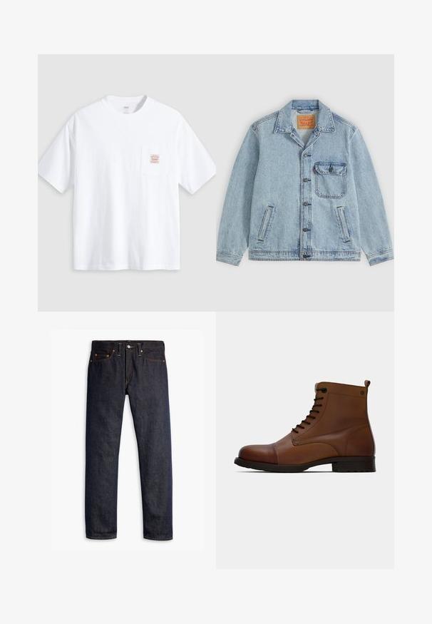 Lyseblå denimjakke med knaplukning foran, spids krave, en brystlomme med klap og to sidelommer. Synligt Levi's mærke inde i kraven.; Hvid T-shirt med korte ærmer og rund hals med en lille lomme på brystet med en beige og rød rektangulær label.; Mørkeblå denimjeans med lige pasform, fem-lomme design, kobbernitter, gul syning og et markant struktureret stof.; Jack & Jones JFWSHAUN BOOT - Snørestøvletter - cognac