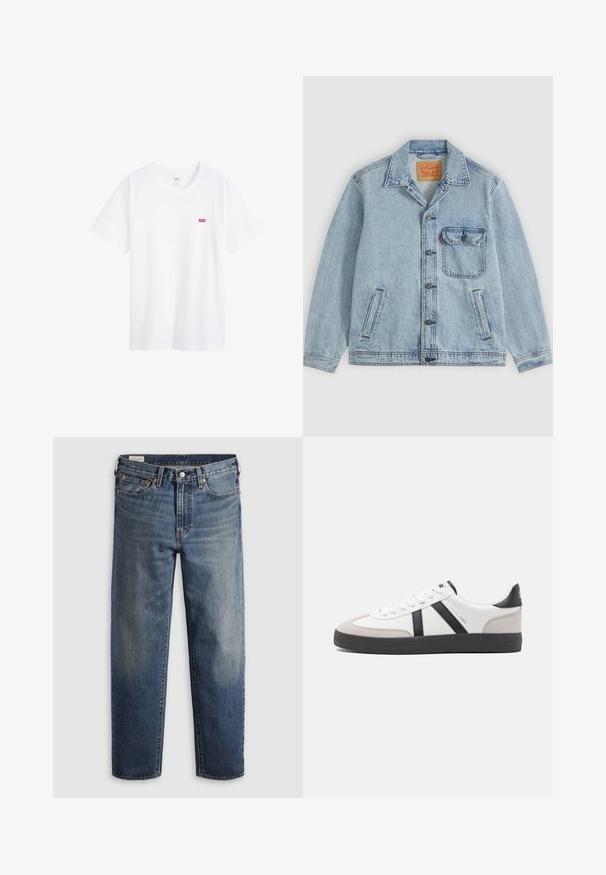 Veste en jean bleu clair avec fermeture à boutons devant, col pointu, une poche poitrine avec rabat et deux poches latérales. Étiquette Levi's visible à l'intérieur du col.; T-shirt en coton blanc avec un col rond, des manches courtes et un petit logo rouge Levi’s sur la poitrine gauche. Texture lisse, coupe standard.; Jean en denim bleu foncé avec une coupe décontractée, jambes droites, design à cinq poches et légère décoloration au niveau des cuisses. Bouton et rivets argentés.; Baskets blanches avec des accents noirs et gris, présentant un embout texturé gris, une semelle en caoutchouc noir et des lacets plats blancs. Design épuré, style minimaliste.